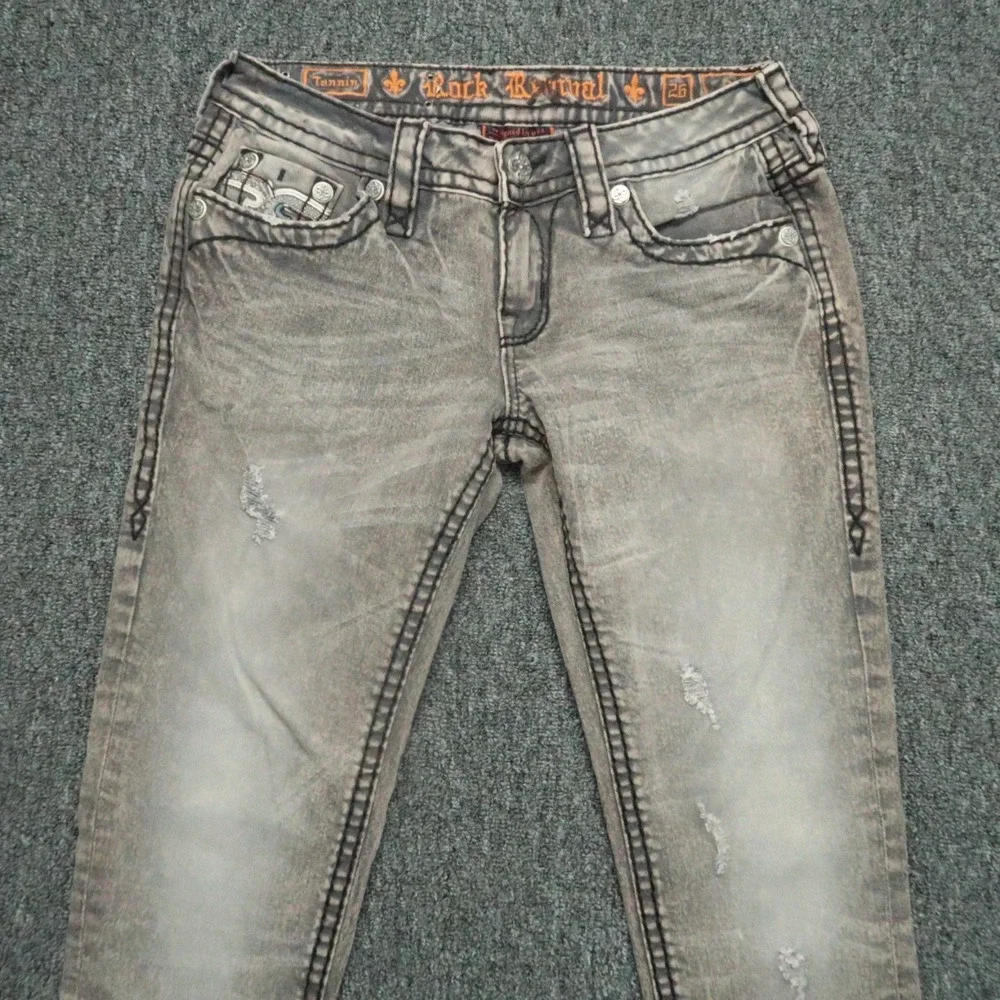 Rock Revival‎ Jeans Womens 26 Gray Brown Tannin Taper Embroidered 28x29